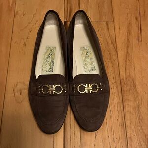 SALVATORE FERRAGAMO Creations Dark Brown Suede Loafers with Gold Detail - 37.5